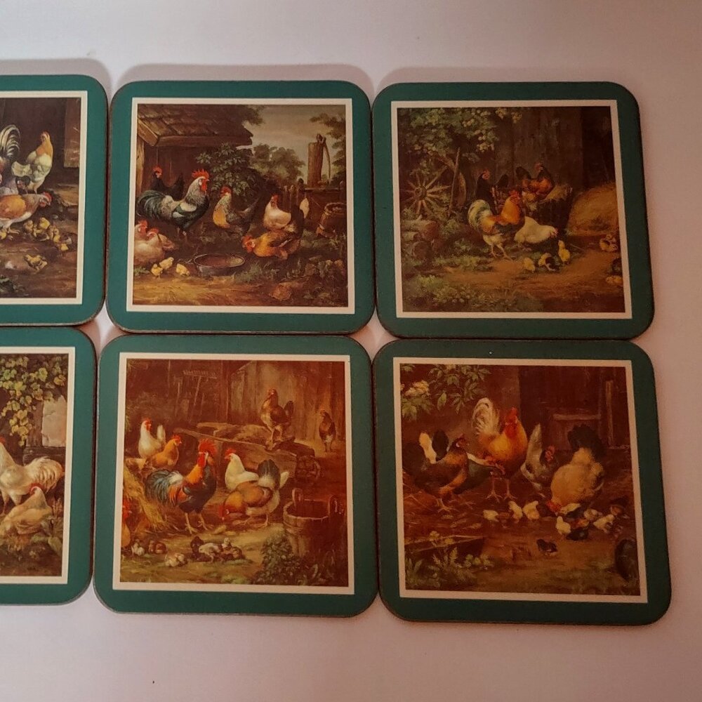 Vtg Set 6 English Life Farmhouse Rooster Chickens Hens Chicks Cork Coasters UK